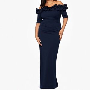 New Xscape Isla Long Crepe Off the Shoulder Ruffle Dress Size 16W in Navy Blue